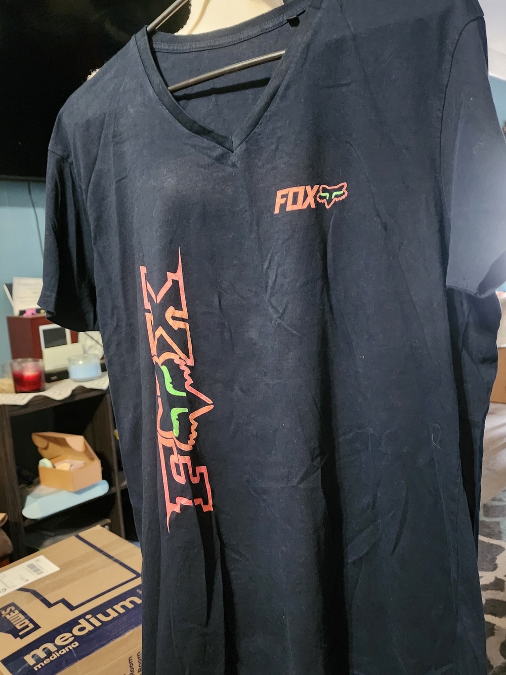 Fox Women's Black  V-Neck Tee with Coral and Lime Logo Sz 2X